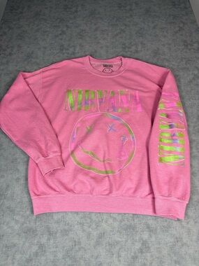 Nirvana Pink Crewneck Sweatshirt Smiley Face Medium Band Grunge